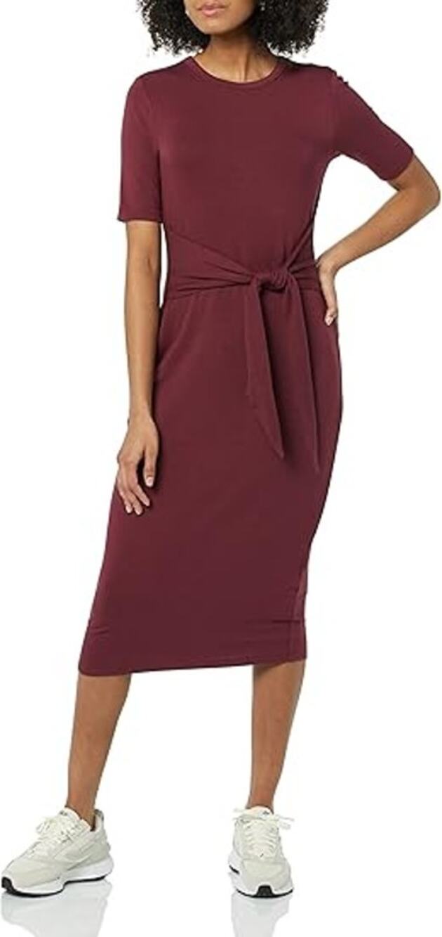Daily Ritual Supersoft Terry Short-Sleeve Tie-Front Midi Dress Maroon Womens XS